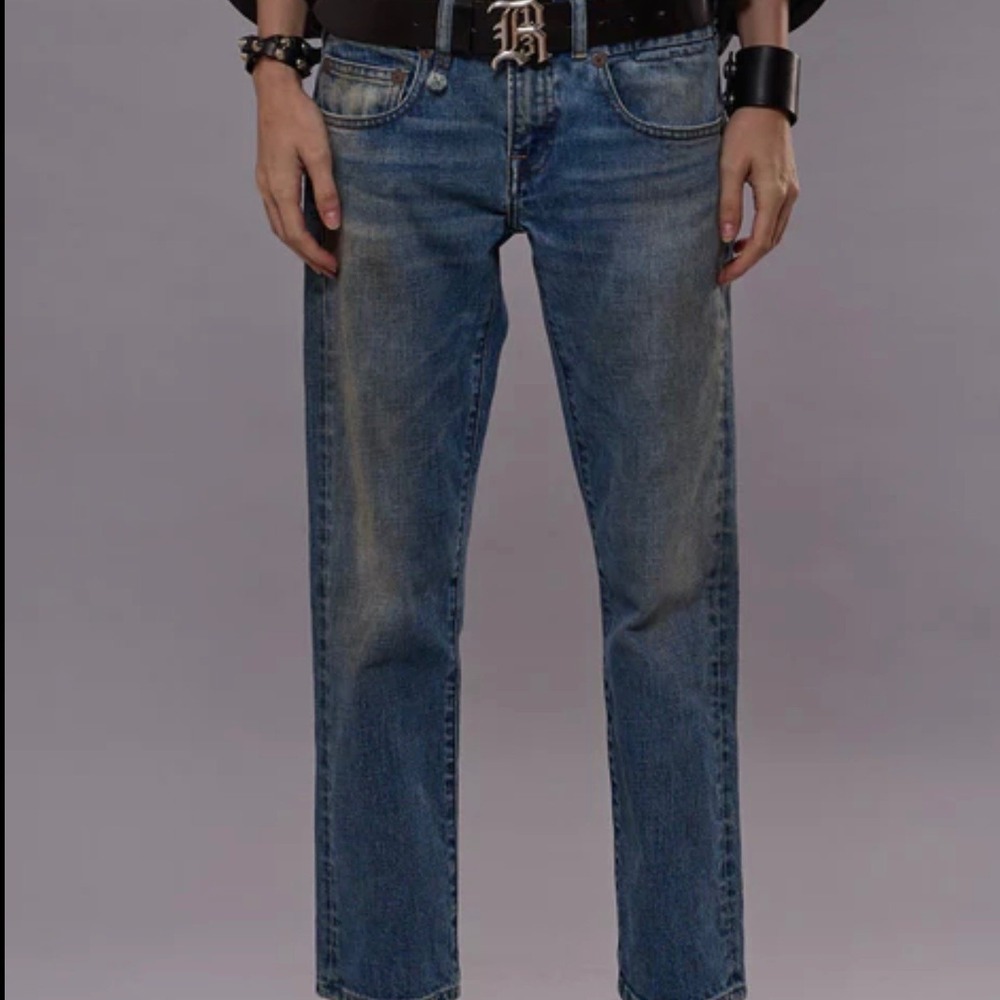 R13 Jeans Boy Straight Sz 33 Patton Blue Low Rise Distressed Grunge Luxe * FLAW